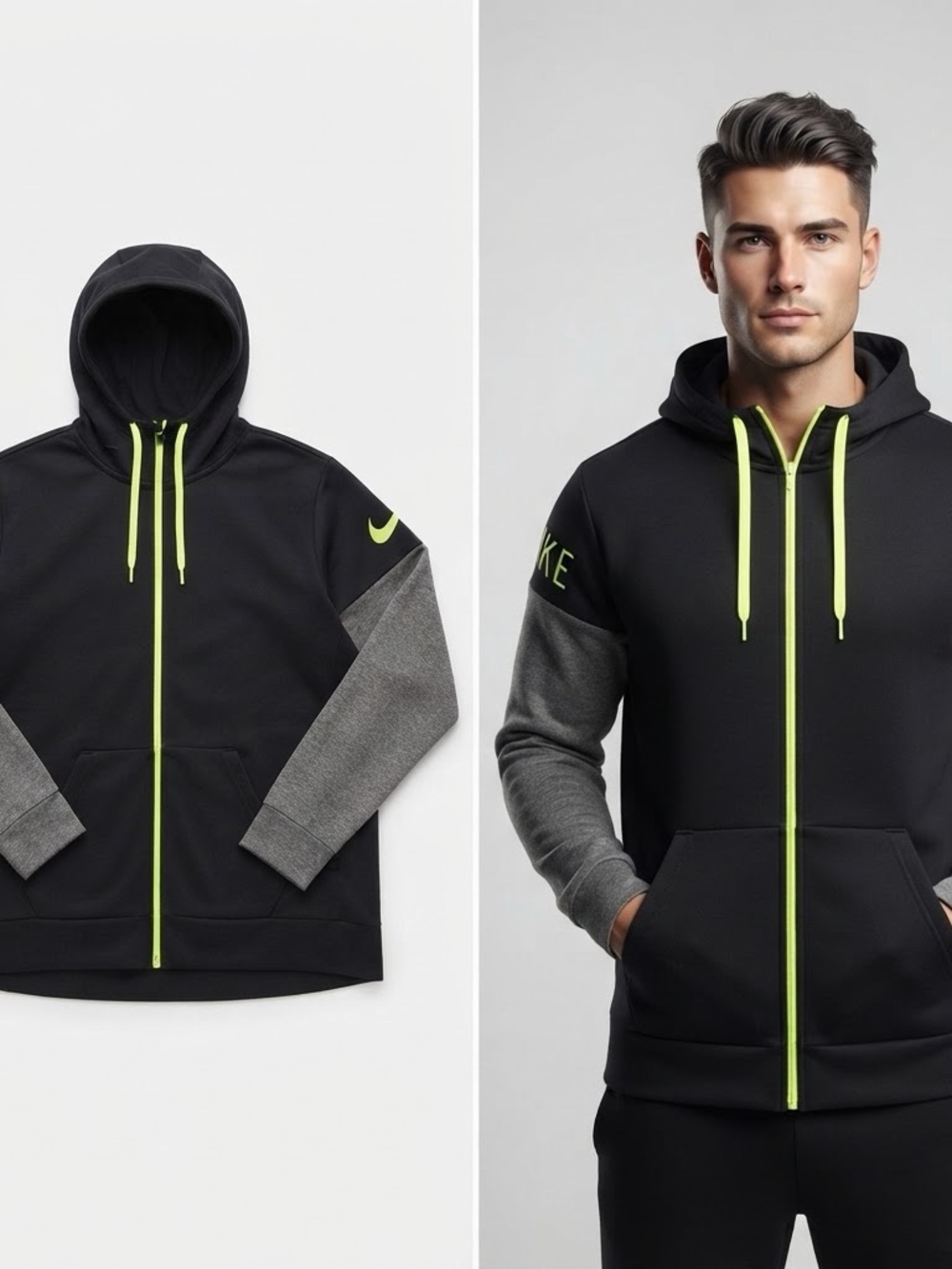 Nike Men’s Black & Gray Full-Zip Performance Hoodie with Neon Yellow Trim XL